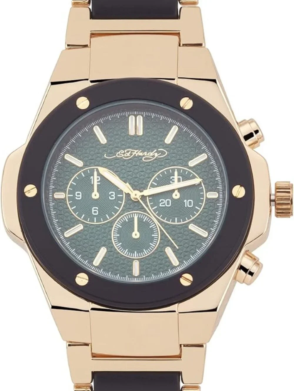 Ed Hardy Men's Gold Tone Bracelet Watch Green Dial Analog Quartz 46mm